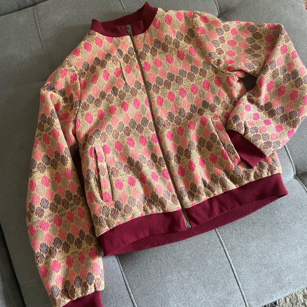 Tan, pink and red bomber jacket with pockets